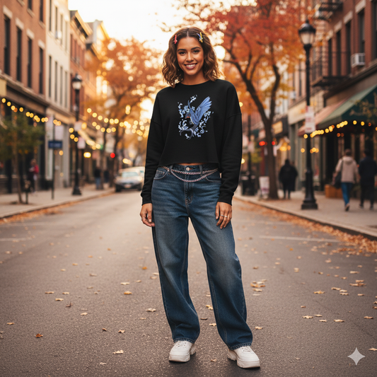 Barn Swallow with Forget Me Not Flowers Women's Crop Sweatshirt