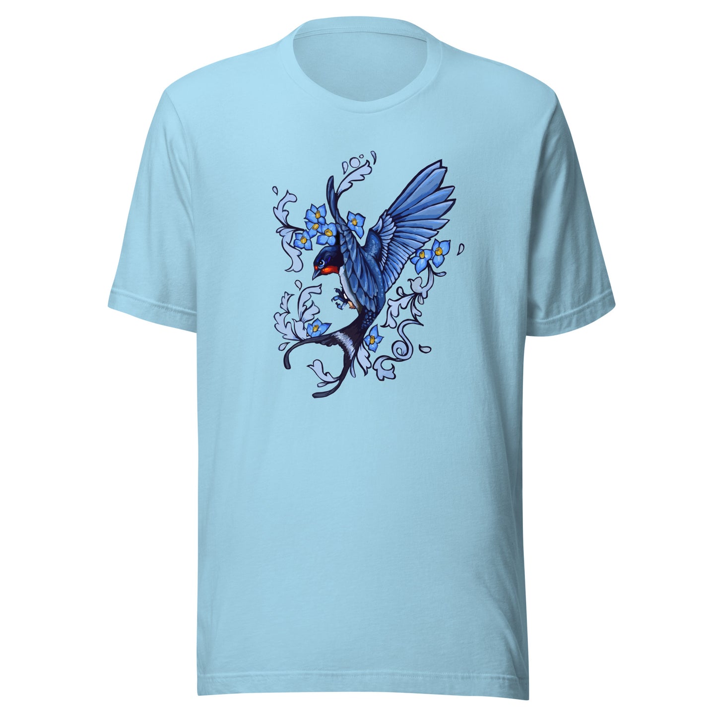 Barn Swallow with Forget Me Not Flowers Unisex t-shirt